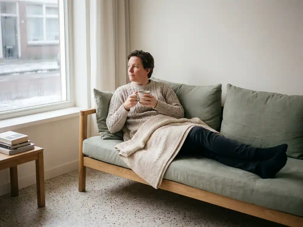 Nederlander van in de veertig ontspannen op eiken bank met theemok, lichte woonkamer met terrazovloer en condensatie op raam.