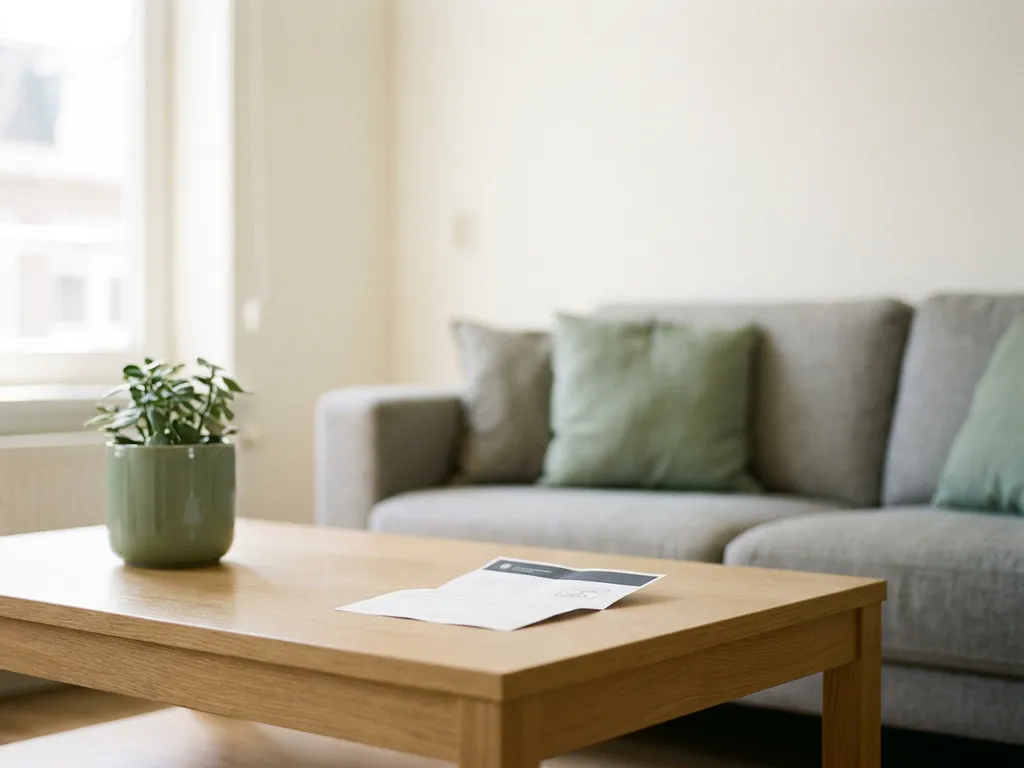Officiële ontruimingsaanzegging op een lichte eiken tafel naast een kamerplant in een modern Nederlands appartement.
