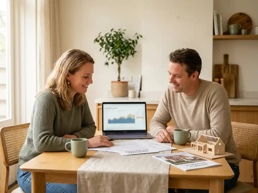 Nederlandstalig stel van begin 40 bespreekt hypotheekdocumenten aan eiken keukentafel met laptop en renovatiebrochure.