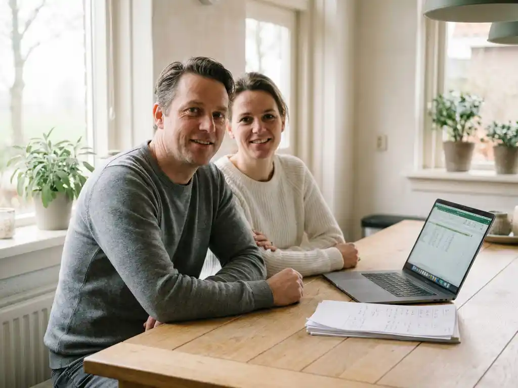 Nederlands stel van middelbare leeftijd aan eiken keukentafel met laptop en documenten, bezig met hypotheek- of financiële planning.