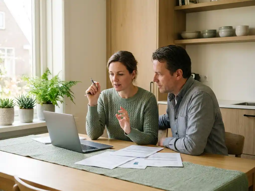 Nederlands stel van middelbare leeftijd bespreekt documenten aan eiken keukentafel met laptop, omgeven door planten en zacht natuurlijk licht.