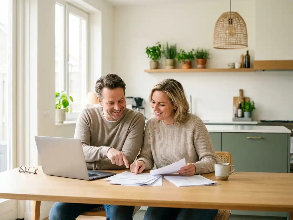 Nederlandstalig stel van begin 40 bekijkt hypotheekdocumenten aan eiken keukentafel met laptop, lichte Scandinavische keuken op de achtergrond.