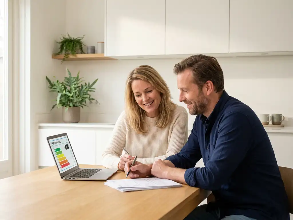 Nederlandstalig echtpaar rond de 40 bekijkt hypotheek- en taxatiedocumenten met energielabel op laptop aan eiken keukentafel.