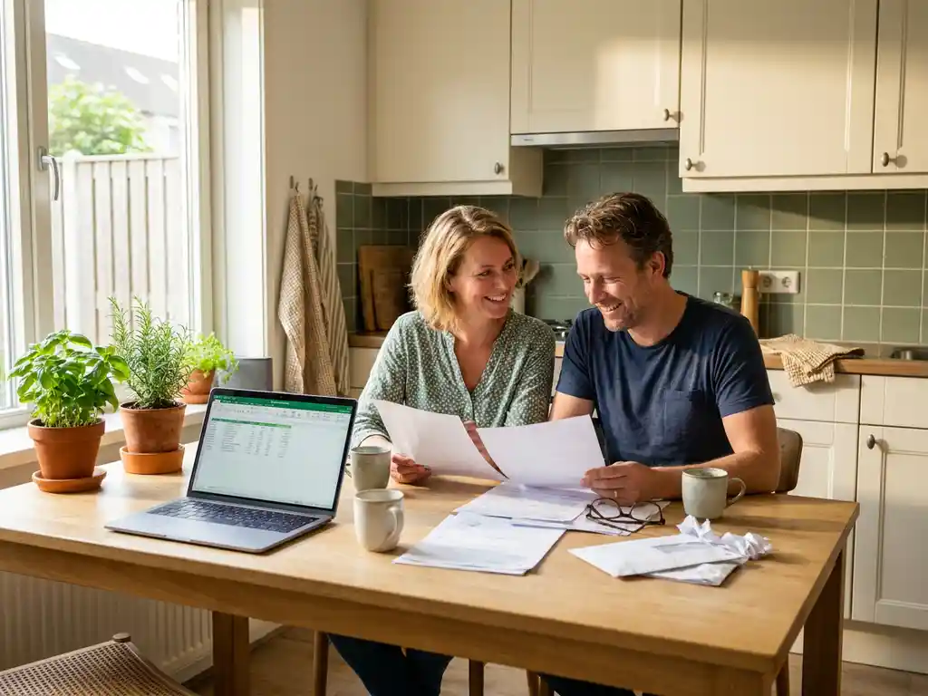 Nederlands stel van begin veertig bekijkt financiële documenten aan een lichte eiken keukentafel met laptop, ontspannen en zelfverzekerd.