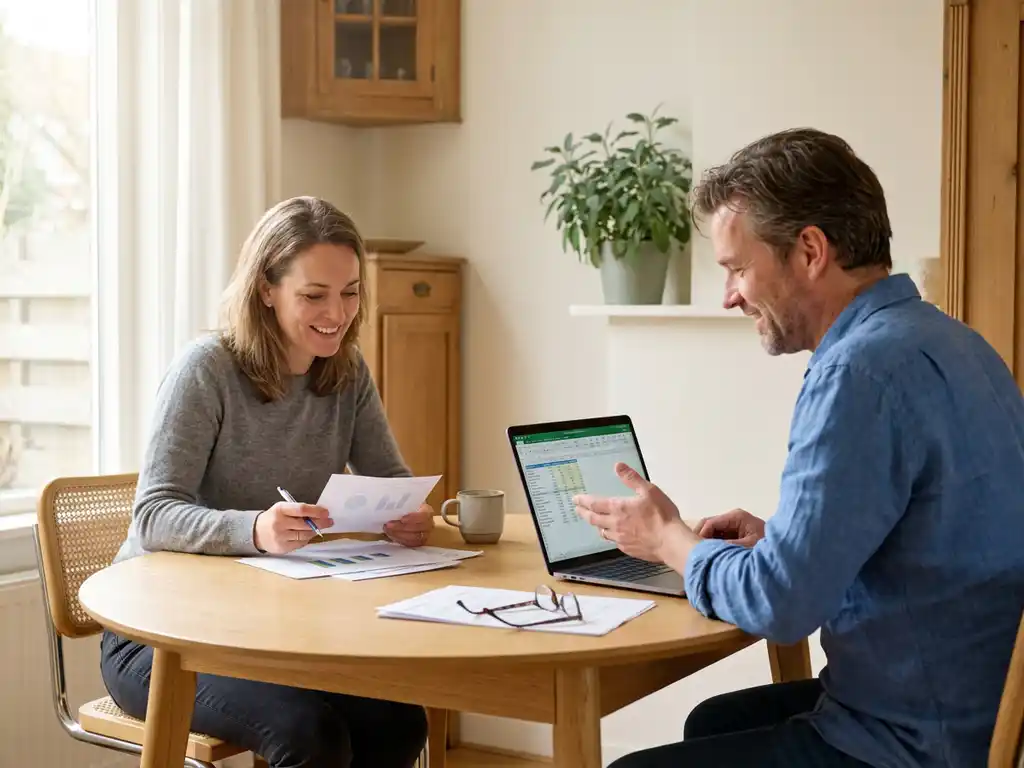 Nederlandstalig stel van begin veertig bestudeert financiële documenten aan een lichte eiken keukentafel met laptop.