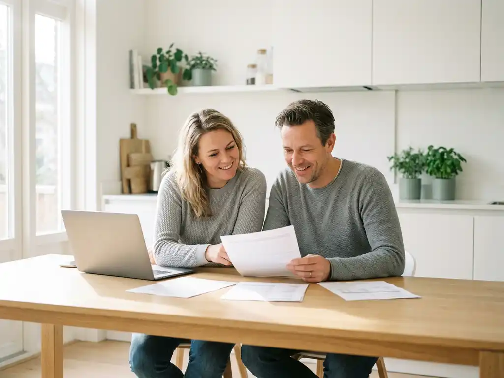 Nederlandstalig stel van middelbare leeftijd bekijkt hypotheekdocumenten en laptop aan eiken keukentafel in lichte moderne keuken.