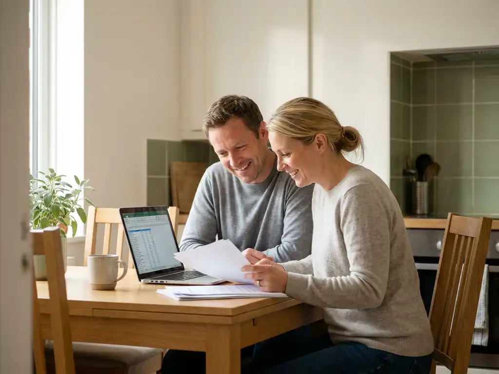 Nederlands stel van middelbare leeftijd bekijkt hypotheekdocumenten aan een lichte eiken keukentafel met laptop.