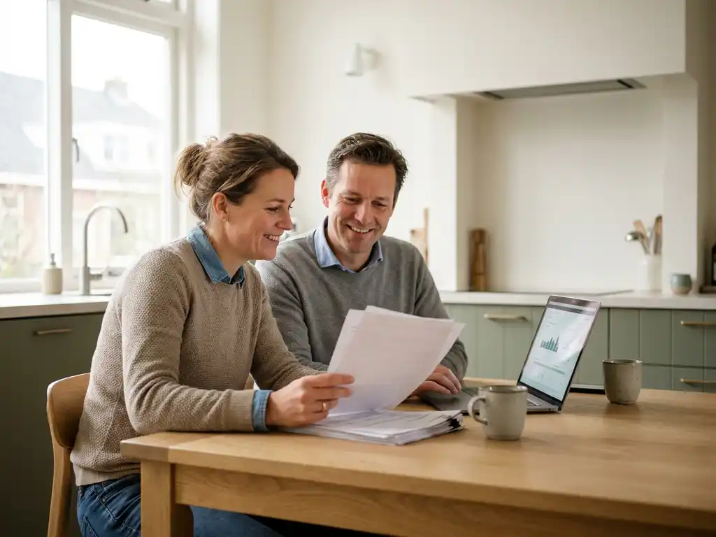 Nederlands stel van middelbare leeftijd bekijkt documenten aan eiken keukentafel met laptop, ontspannen sfeer in moderne witte keuken.