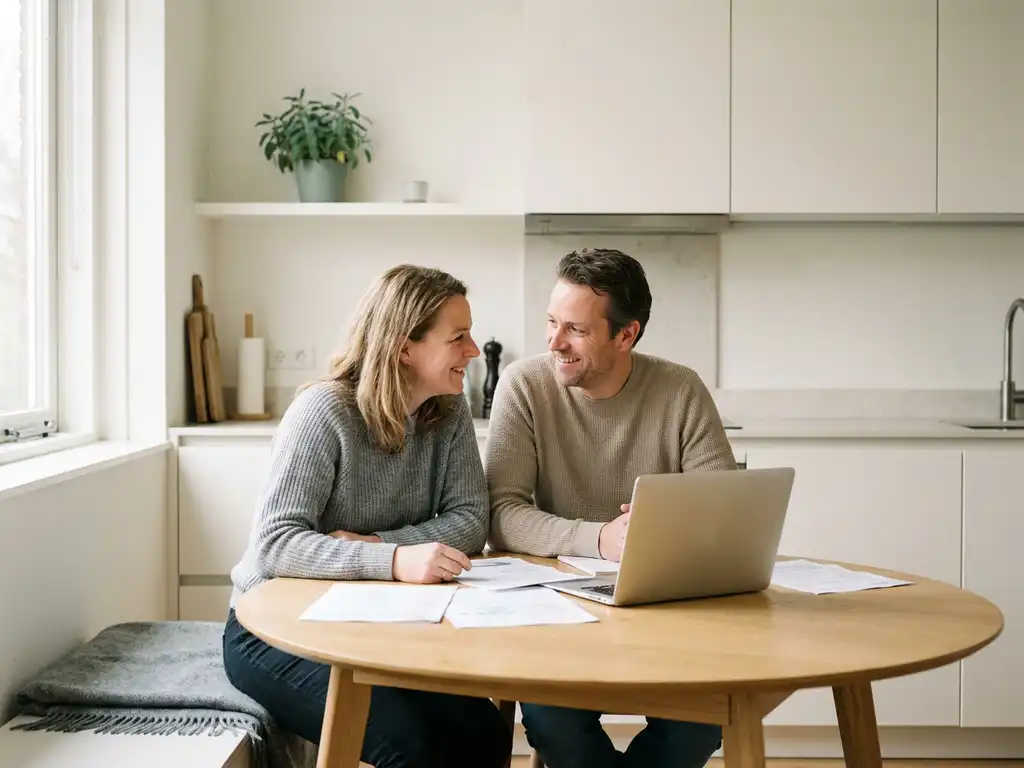 Nederlandstalig stel van middelbare leeftijd bekijkt hypotheekdocumenten aan eiken keukentafel met laptop, ontspannen en zelfverzekerd.