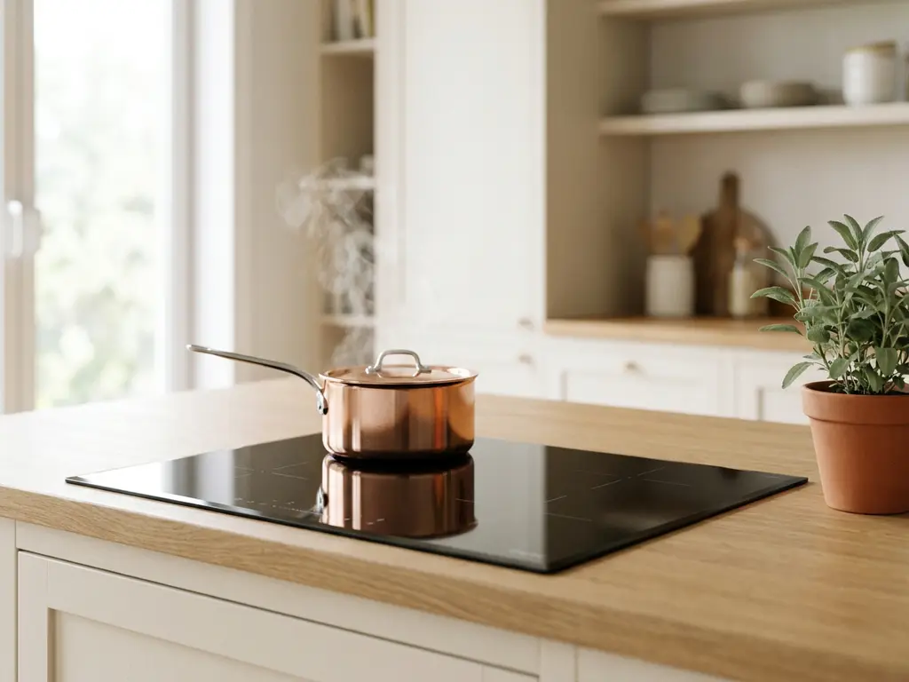 Inductiekookplaat ingebouwd in licht eiken aanrechtblad met koperen steelpan en zacht opstijgend stoom, salie groene kruidentuin op achtergrond.