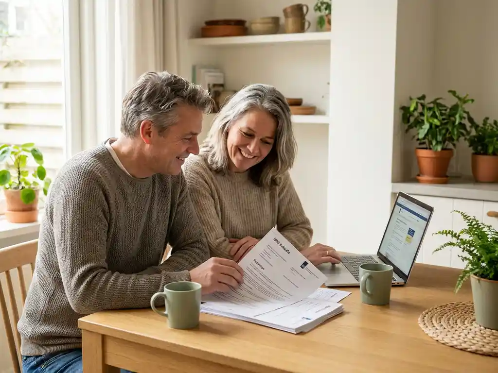 Nederlands stel bekijkt ISDE-subsidiedocumenten aan een eiken keukentafel met laptop, omgeven door planten in warm natuurlijk licht.