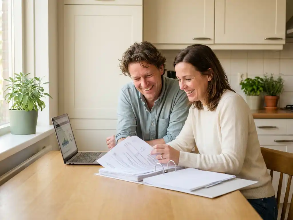 Nederlandstalig stel van begin 40 bekijkt kostendocumenten aan eiken keukentafel met laptop, ontspannen en zelfverzekerd.