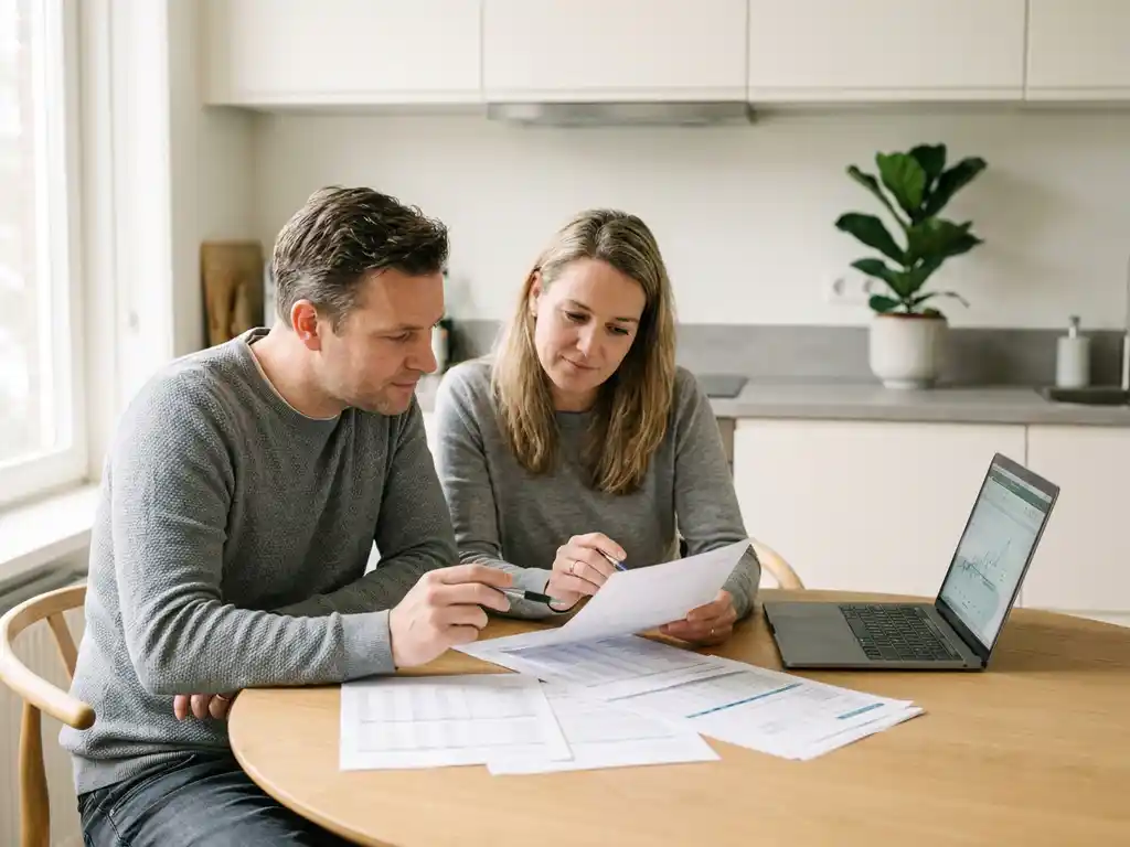 Nederlandstalig echtpaar in de veertig bestudeert kostendocumenten aan een eiken keukentafel met laptop, minimalistische witte keuken op achtergrond.