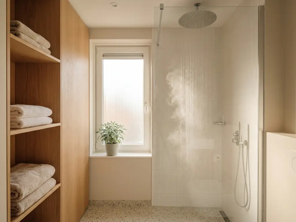 Regendouchekop met stromend heet water in moderne witte badkamer, terrazzovloer, eiken planken met handdoeken en salie groene plant op vensterbank.