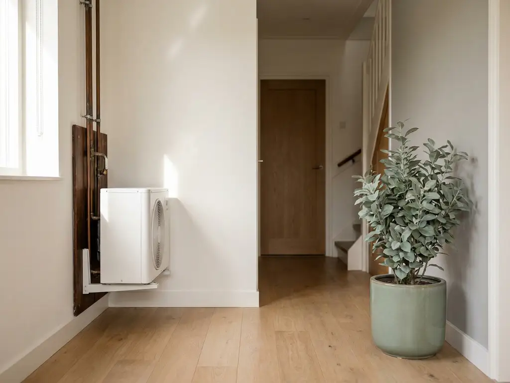 Moderne Nederlandse hal met compacte binnenunit van een warmtepomp op witte muur, licht eiken vloer en saliegroen accent.