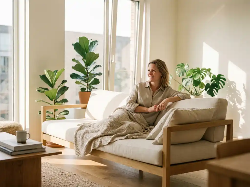 Nederlandse huiseigenaar ontspant tevreden op eiken houten bank in lichte minimalistische woonkamer met groot raam en kamerplanten.
