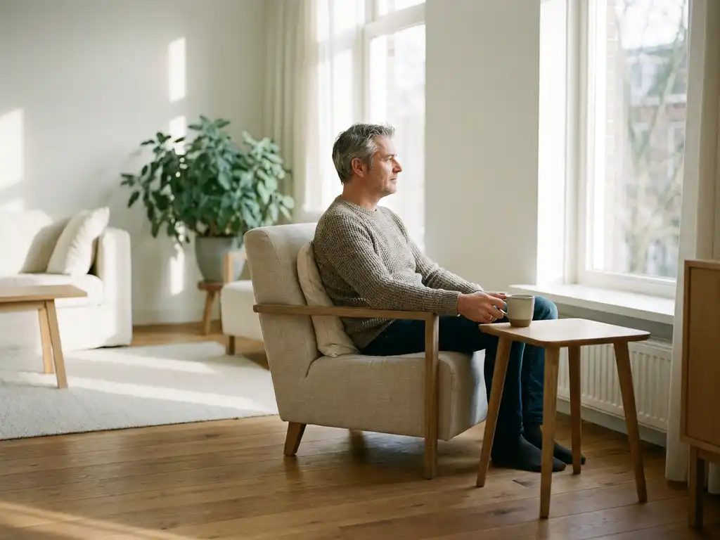 Nederlandse huiseigenaar van middelbare leeftijd in lichte woonkamer met eiken vloer, genietend van thee in zacht middaglicht.