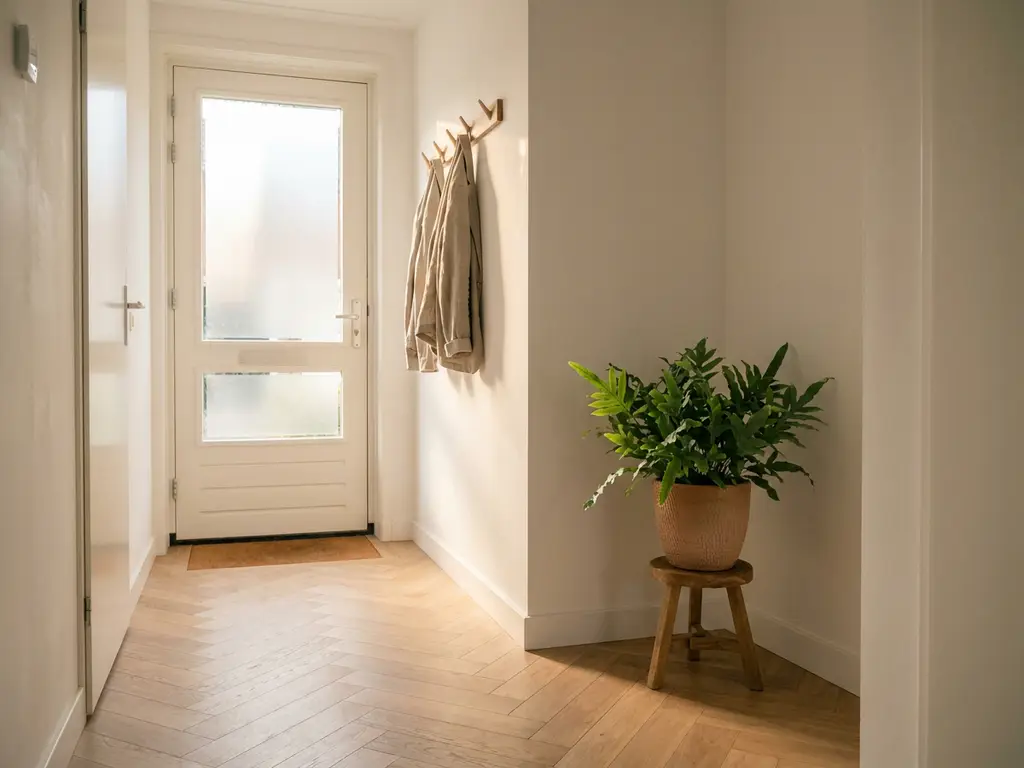 Lichte hal van een Nederlandse rijtjeswoning met eiken visgraatparket, witte muren en een saliegroen potplantje in de hoek.
