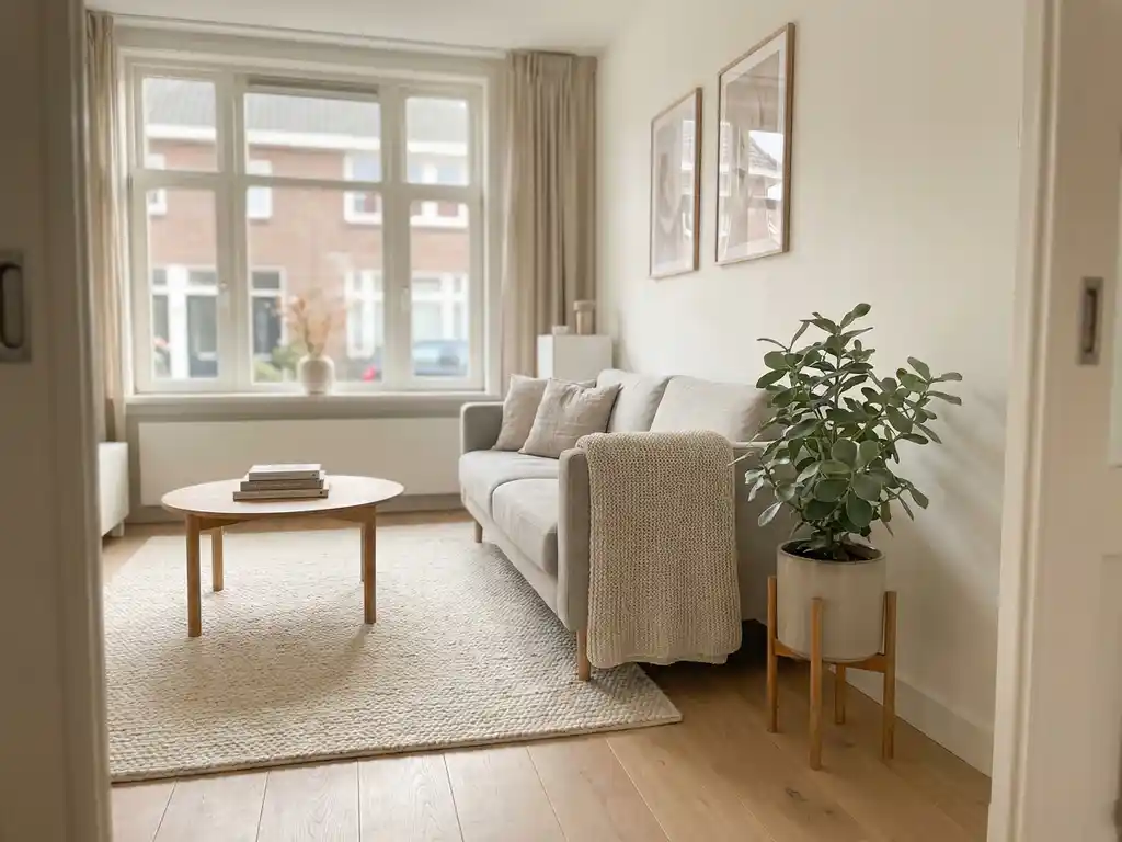 Lichte woonkamer in Nederlandse rijtjeswoning met eiken vloer, Scandinavisch meubilair en saliegroen kamerplantje bij wit geschilderde muur.