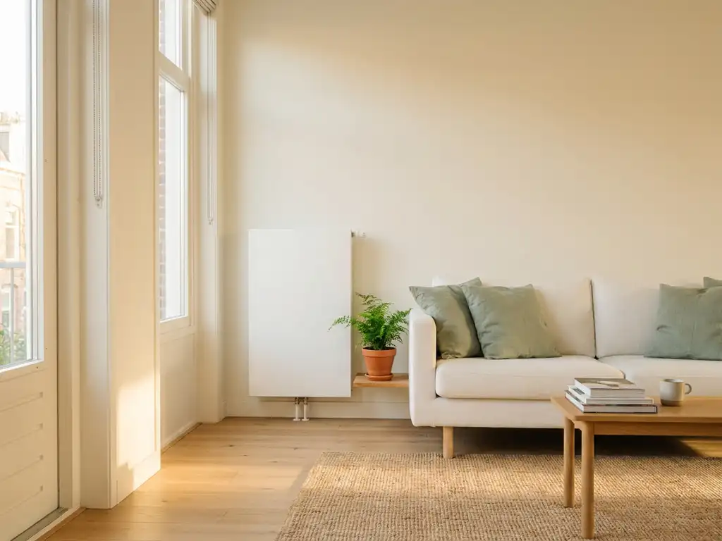 Minimalistische woonkamer in Nederlandse rijtjeswoning met lichte eiken vloer, witte bank met salie groene kussens en potplant bij moderne radiator.