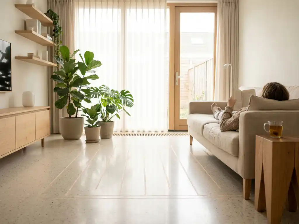 Persoon leest op linnen bank in lichte Nederlandse woonkamer met vloerverwarming onder terrazzovloer en grote raampartijen.