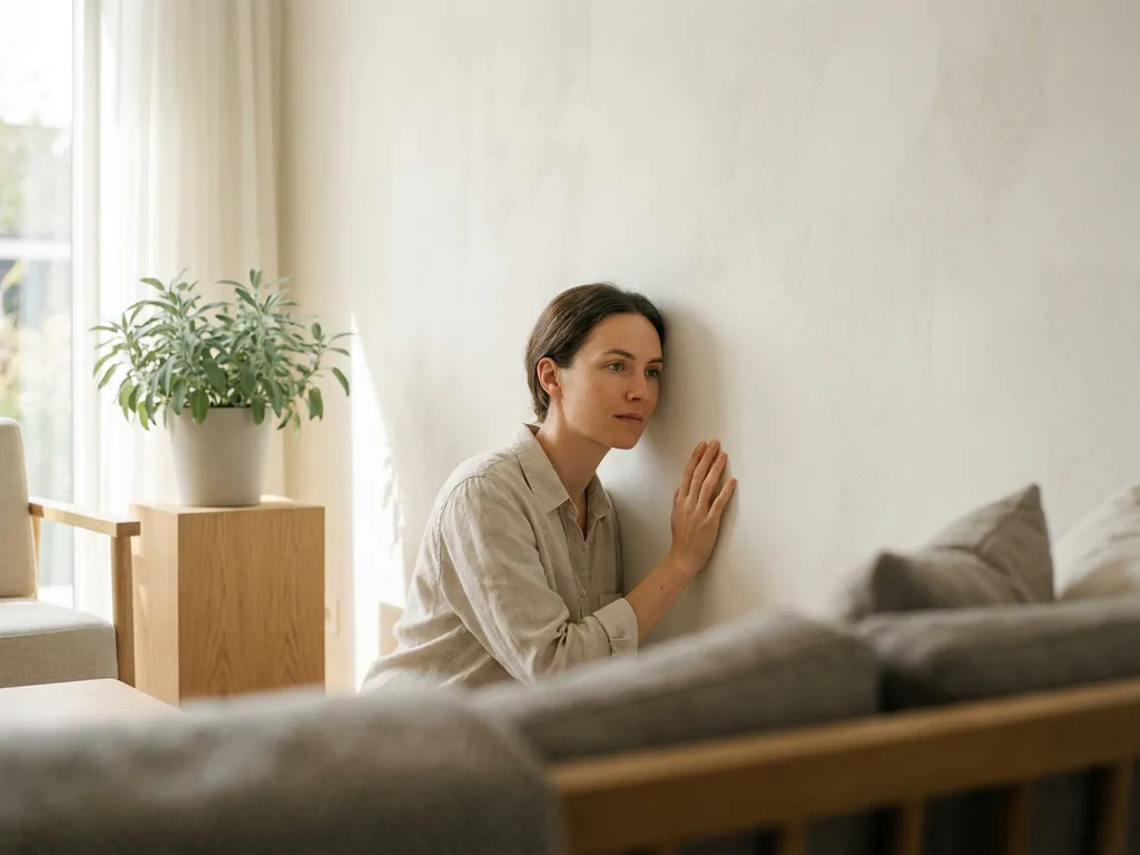 Persoon raakt minimalistische witte muur aan in serene Nederlandse woonkamer met lichte eiken accenten en salie groene plant.