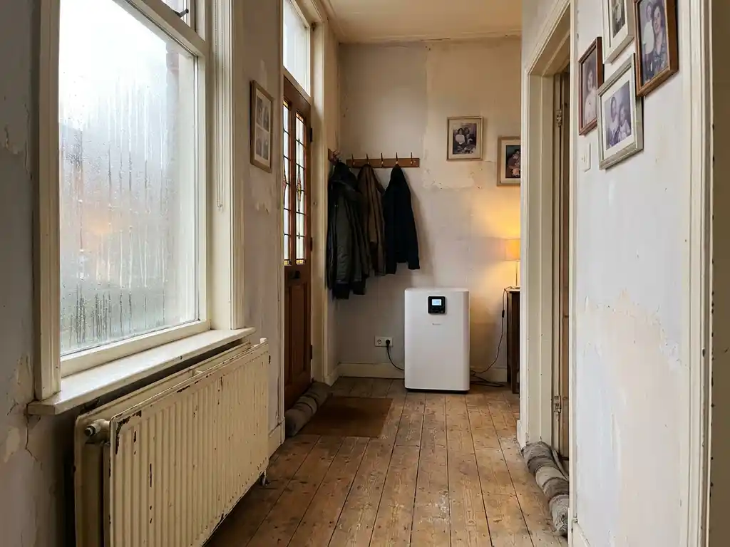 Slecht geïsoleerde gang in Nederlandse rijtjeswoning met enkelvoudig glas, condensatie, gietijzeren radiator en kleine witte warmtepomp in de hoek.