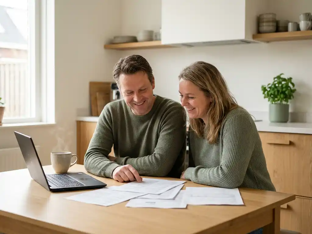 Nederlands stel in de veertig bekijkt hypotheekdocumenten aan een eiken keukentafel met laptop en koffie.