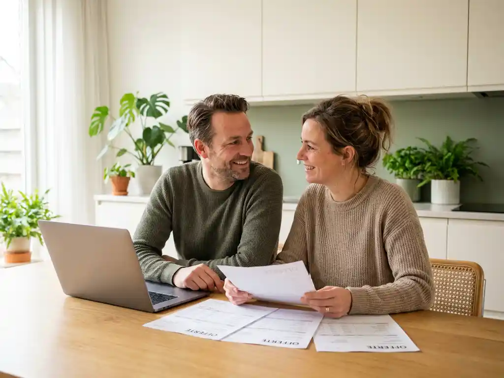 Nederlands stel van begin 40 bekijkt kostenramingen aan eiken keukentafel met laptop, ontspannen en zelfverzekerd in lichte minimalistische keuken.