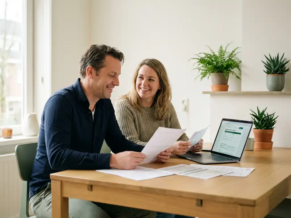 Nederlands stel van begin veertig bekijkt subsidiedocumenten aan eiken keukentafel met laptop waarop energieformulieren zichtbaar zijn.
