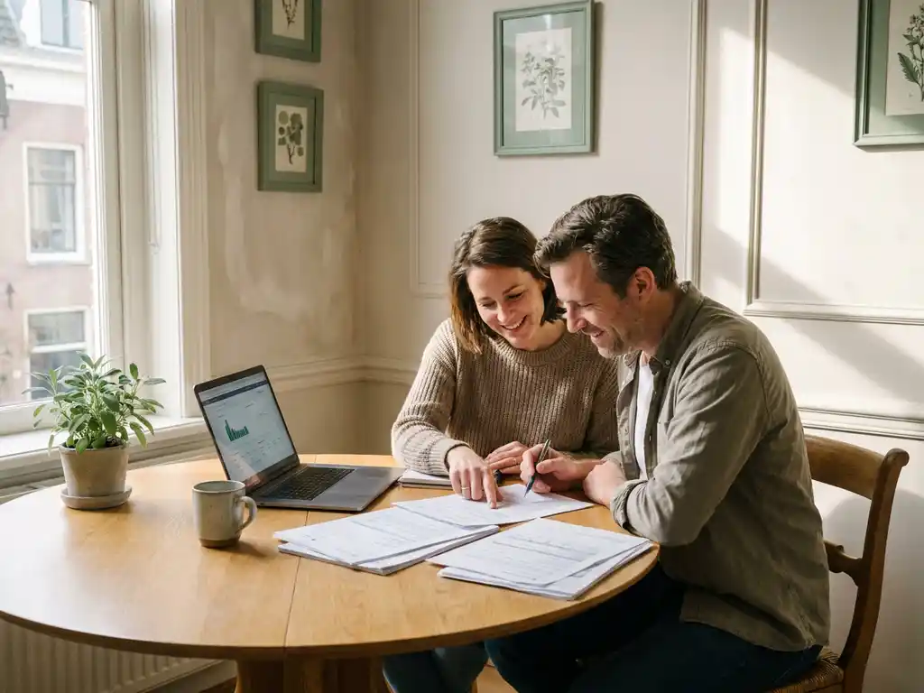 Nederlandstalig echtpaar bekijkt subsidiedocumenten aan eiken keukentafel met laptop, ontspannen en zelfverzekerd in monumentale woning.