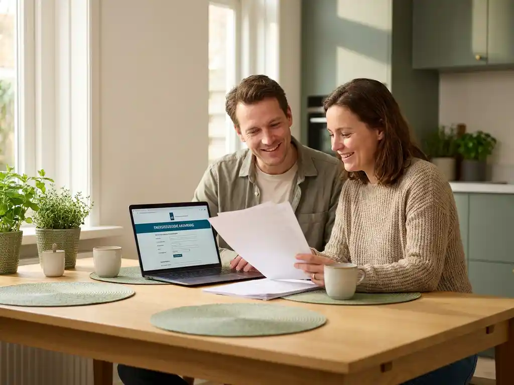 Nederlanders van middelbare leeftijd bekijken subsidieaanvraag voor energiesubsidie aan eiken keukentafel met laptop.