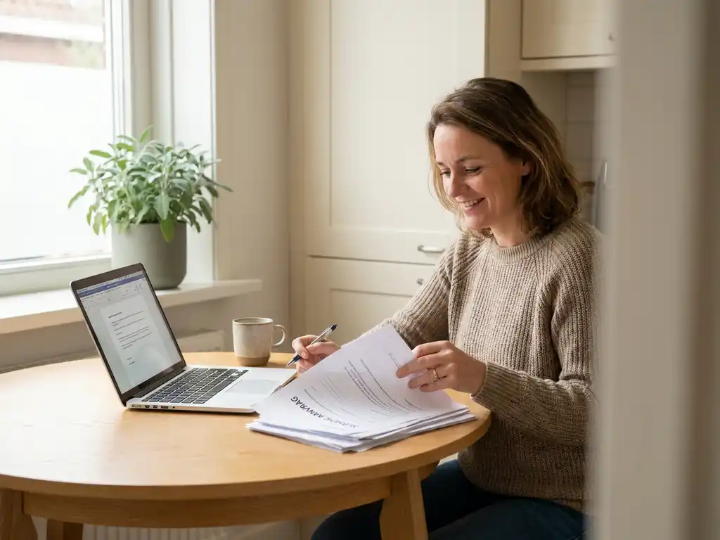 Nederlander van in de veertig bekijkt subsidieaanvraag aan eiken keukentafel met laptop en documenten in warm naturel interieur.