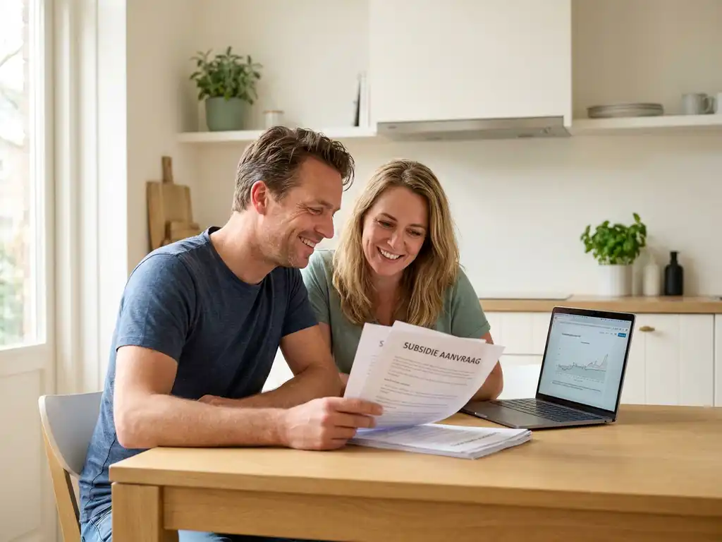 Stel van middelbare leeftijd bekijkt subsidiedocumenten aan eiken keukentafel met laptop, ontspannen sfeer in lichte moderne keuken.