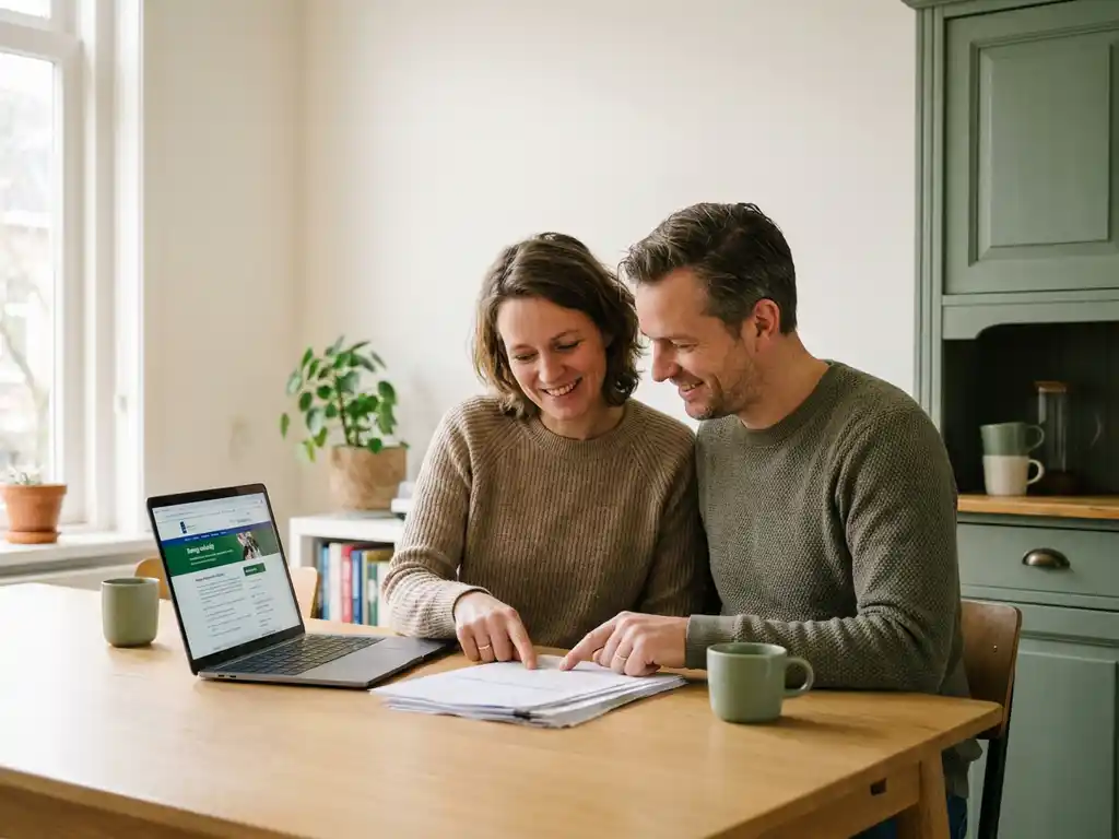 Nederlandstalig stel van begin veertig bekijkt subsidiepapieren voor energiebesparing aan een lichte eiken keukentafel met laptop.