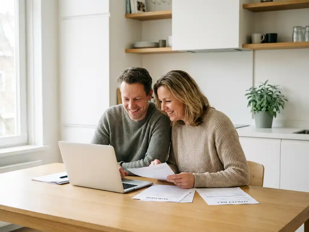 Nederlands stel van middelbare leeftijd bekijkt subsidiedocumenten en laptop aan eiken keukentafel in lichte Scandinavische keuken.