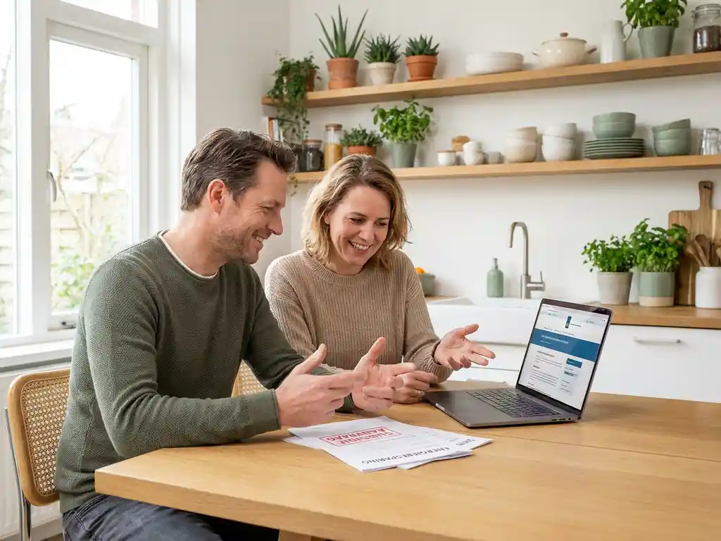 Nederlands stel van begin 40 bekijkt subsidieformulieren aan eiken keukentafel met laptop, ontspannen en zelfverzekerd.