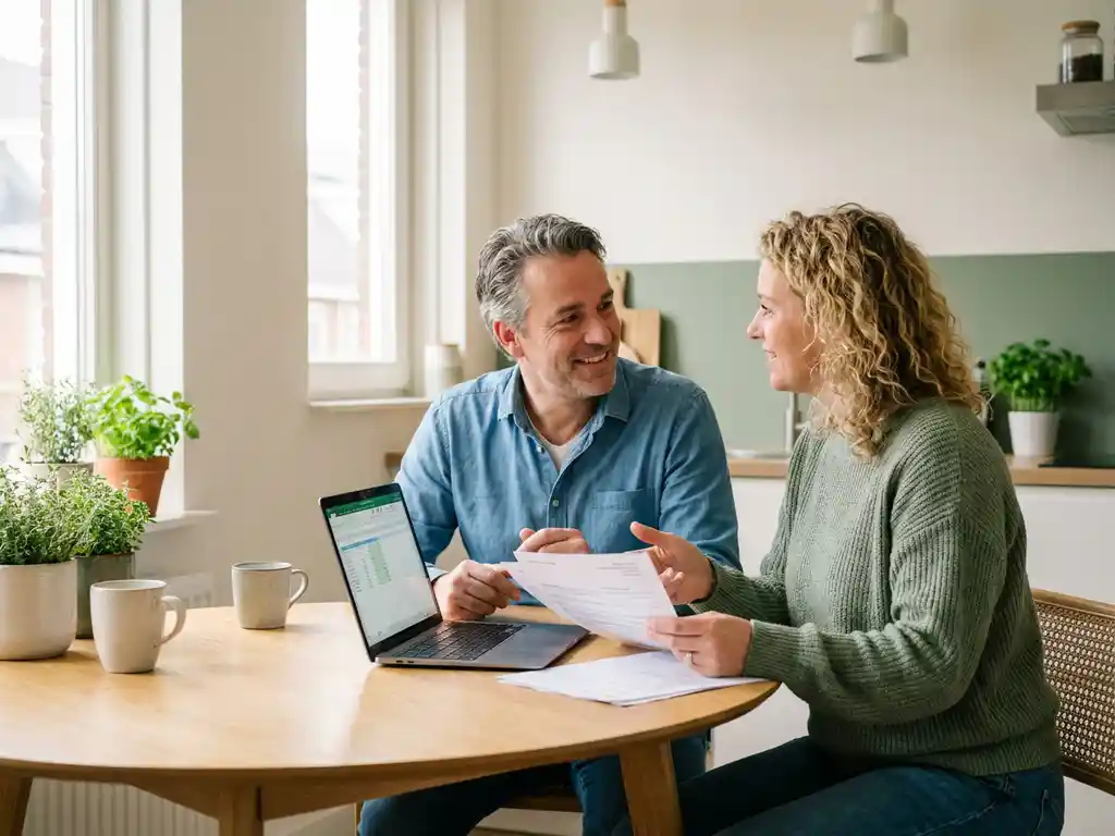 Nederlandstalig echtpaar van begin veertig bekijkt subsidieformulieren aan een lichte eiken keukentafel met laptop, ontspannen en zelfverzekerd.