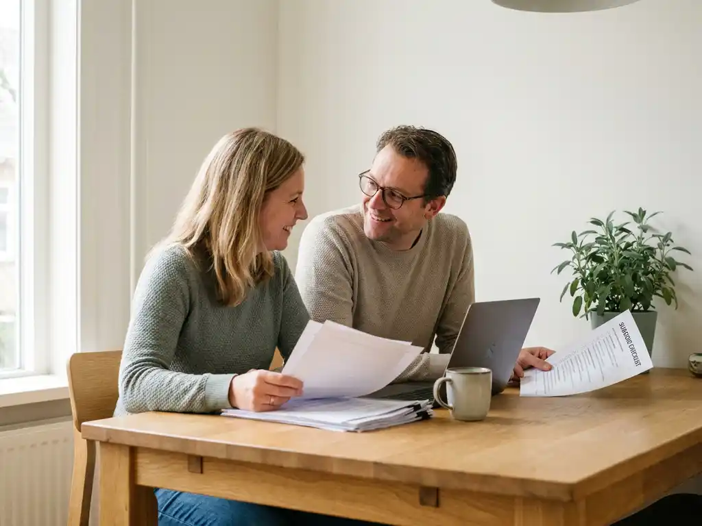 Nederlandstalig stel van begin 40 bekijkt subsidiedocumenten aan een eiken keukentafel met laptop en checklist naast een koffiekop.