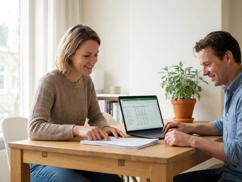Nederlands stel van begin veertig bekijkt subsidiedocumenten aan een eiken keukentafel met laptop open.