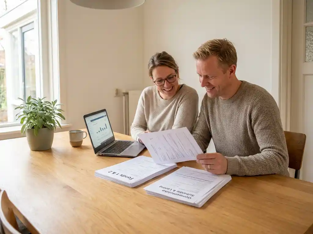 Nederlands stel van begin 40 bekijkt stapel subsidiedocumenten aan eiken keukentafel met laptop, ontspannen en zelfverzekerd.