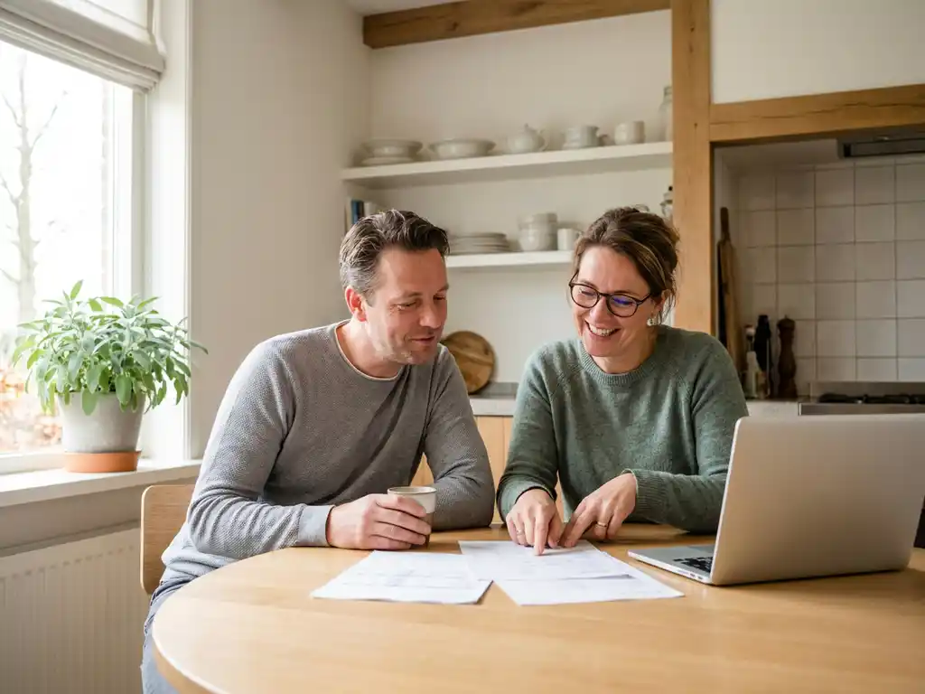 Nederlands stel van begin veertig bekijkt subsidiedocumenten aan eiken keukentafel met laptop, ontspannen sfeer in lichte Nederlandse keuken.
