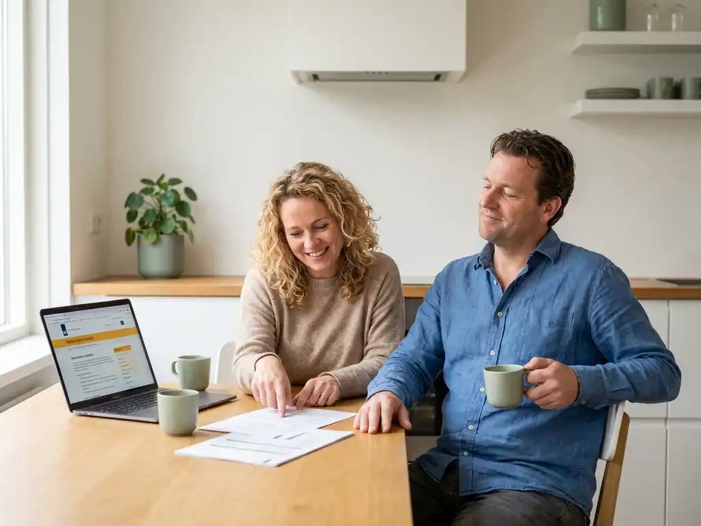 Nederlanders paar van begin 40 bekijkt subsidiedocumenten aan eiken keukentafel met laptop, ontspannen sfeer in minimalistische witte keuken.