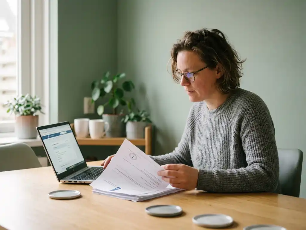 Nederlander van in de veertig bekijkt subsidiedocumenten aan een lichte houten keukentafel met laptop, omringd door kamerplanten.