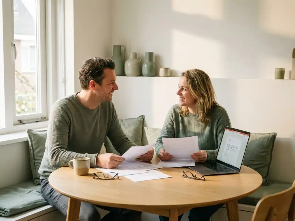 Nederlands stel van begin veertig bekijkt subsidiedocumenten aan eiken keukentafel met laptop, ontspannen sfeer in warme witte keuken.