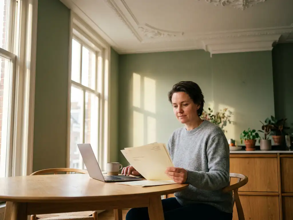 Huiseigenaar bekijkt subsidiedocumenten aan keukentafel in historisch Nederlands huis met sierlijsten en hoge schuiframen.