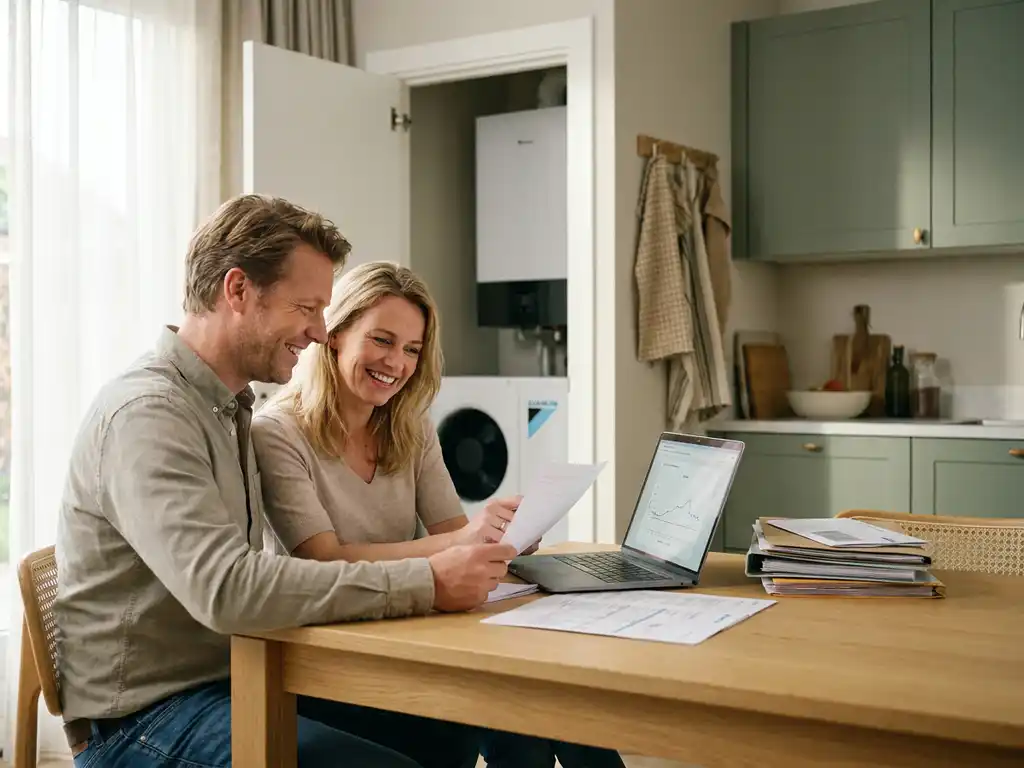 Nederlands stel van begin veertig bekijkt subsidiepapieren aan eikenhouten keukentafel met laptop, warmtepomp zichtbaar op achtergrond.