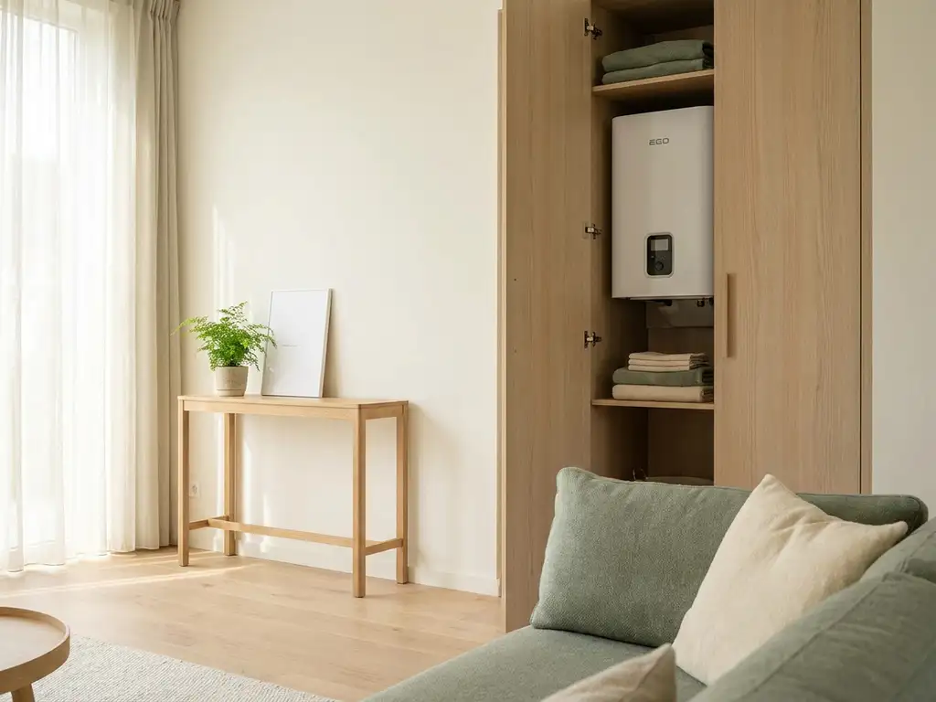 Te koop staand huis interieur met witte warmtepomp in meterkast, licht eiken sidetable en saliegroen kleuraccent.