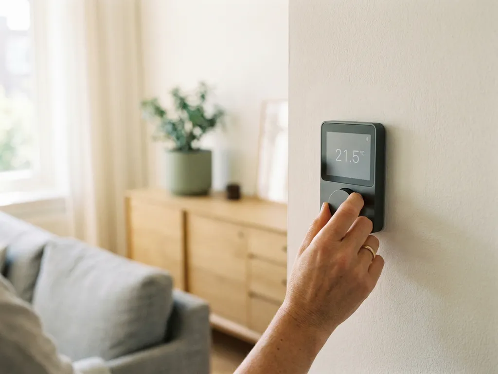Hand die een digitale thermostaat instelt op een witte muur, met een moderne Nederlandse woonkamer op de achtergrond.