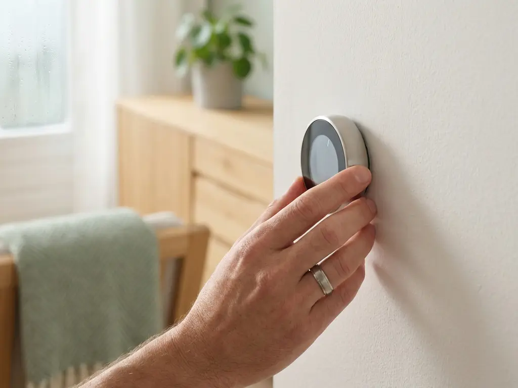 Hand die een digitale thermostaat bijstelt in een moderne Nederlandse woonkamer met lichte eiken meubels en condensatie op het raam.